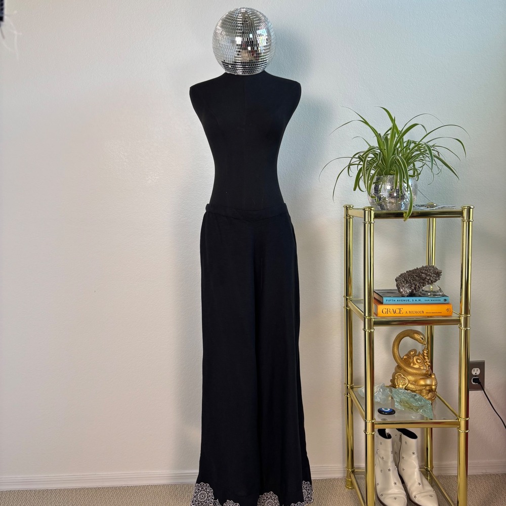 Midnight Sky Black Linen Blend Wide Leg Crop Pants White Lace Hem, Large Lagen - Picture 13 of 16